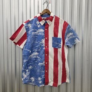 Arizona Jean Button Down Patriotic Hawaiian Shirt Red White Blue Men Size Large